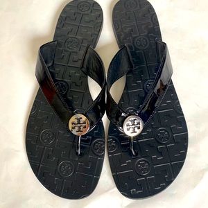 Tory Burch Thora Black Patent Leather Flip Flops